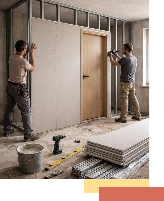 Перегородка из гипсокартона с дверью под ключ в Ростове-на-Дону